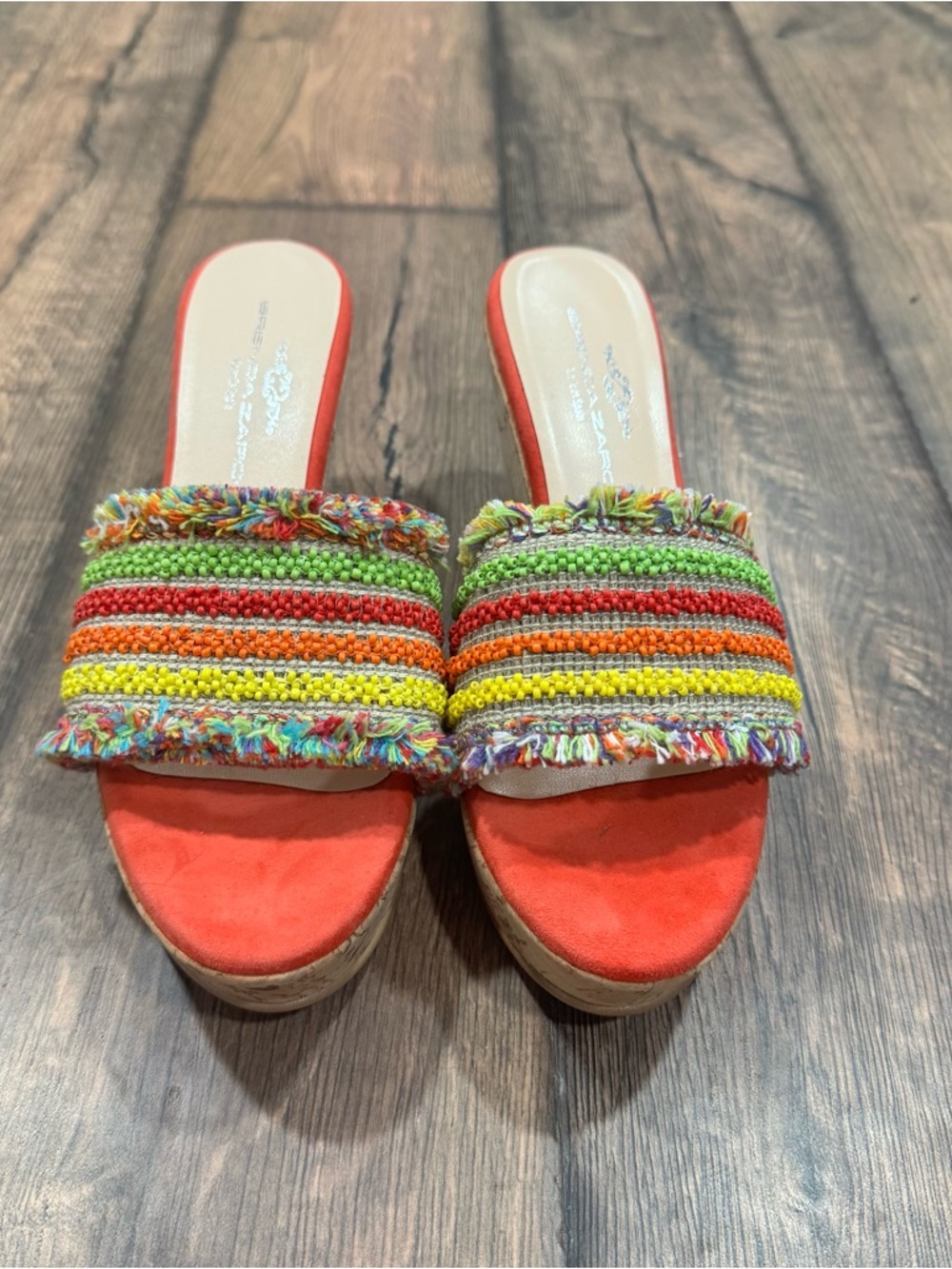 Multicolor Beaded Stripe Wedge Slides in Coral
